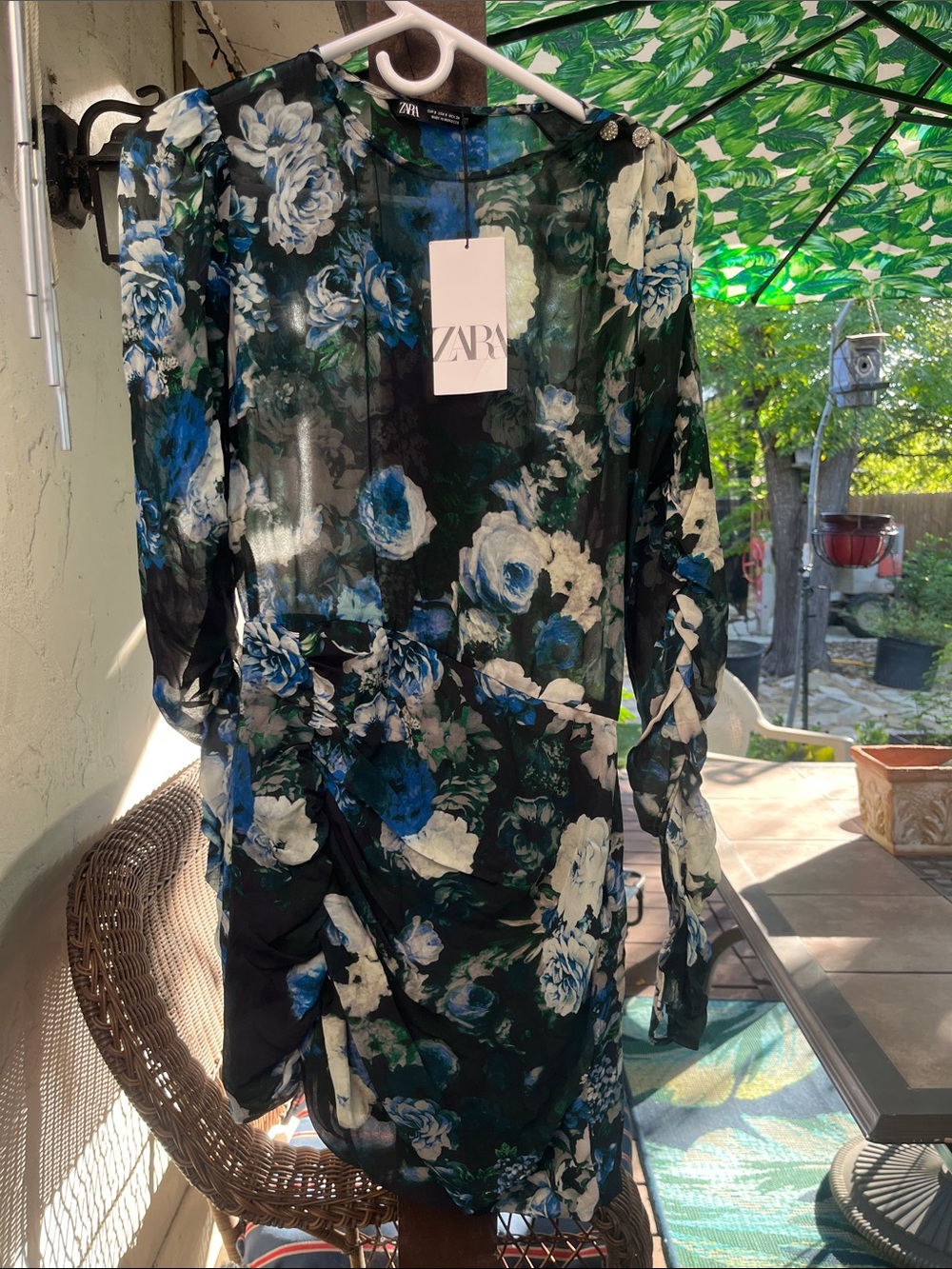 Zara Multicolored Floral Print Jewel Button Semi Sheer Mini Dress. NWT